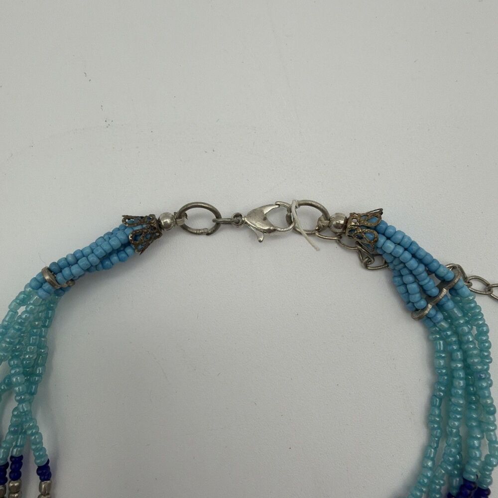Multi Strand Blue Beaded Necklace Boho Statement Layered Glass Seed Beads - Picture 5 of 7